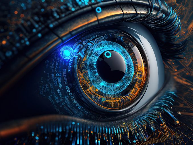 Human android cyborg eye futuristic control protection personal internet security access.Concept robot dna system, future scientific technology innovation science. Blue polygonal vector