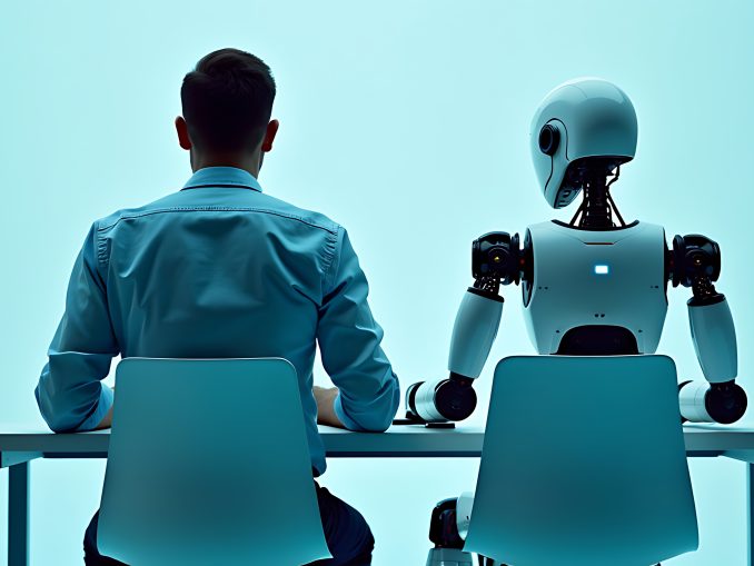 Rearview of the businessman in an elegant suit sitting in a chair next to the white robot cyborg in a studio. AI or artificial intelligence vs people, employment concept,working on a laptop